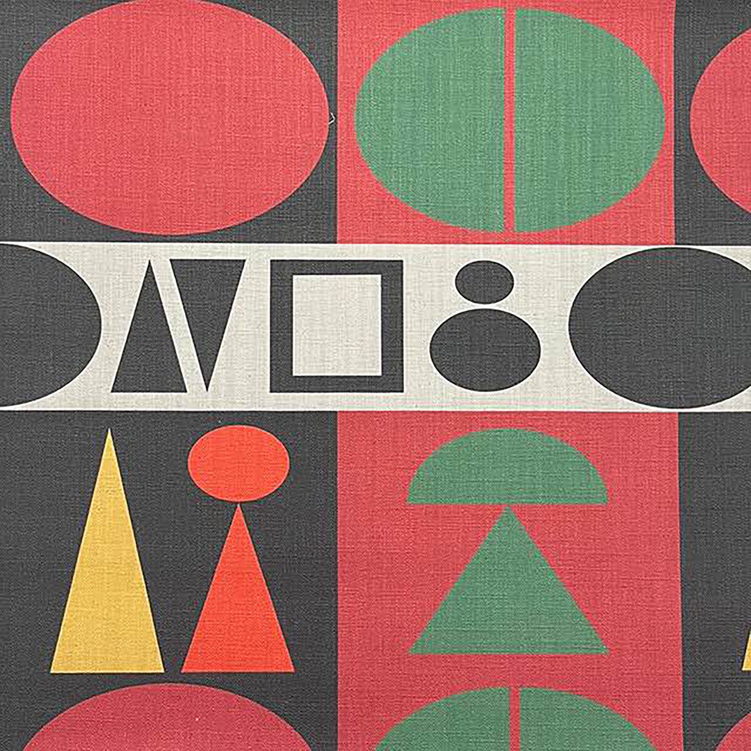 Estaque No.10 cubist upholstery fabric with geometric print in green, red, yellow and black on natural flax base