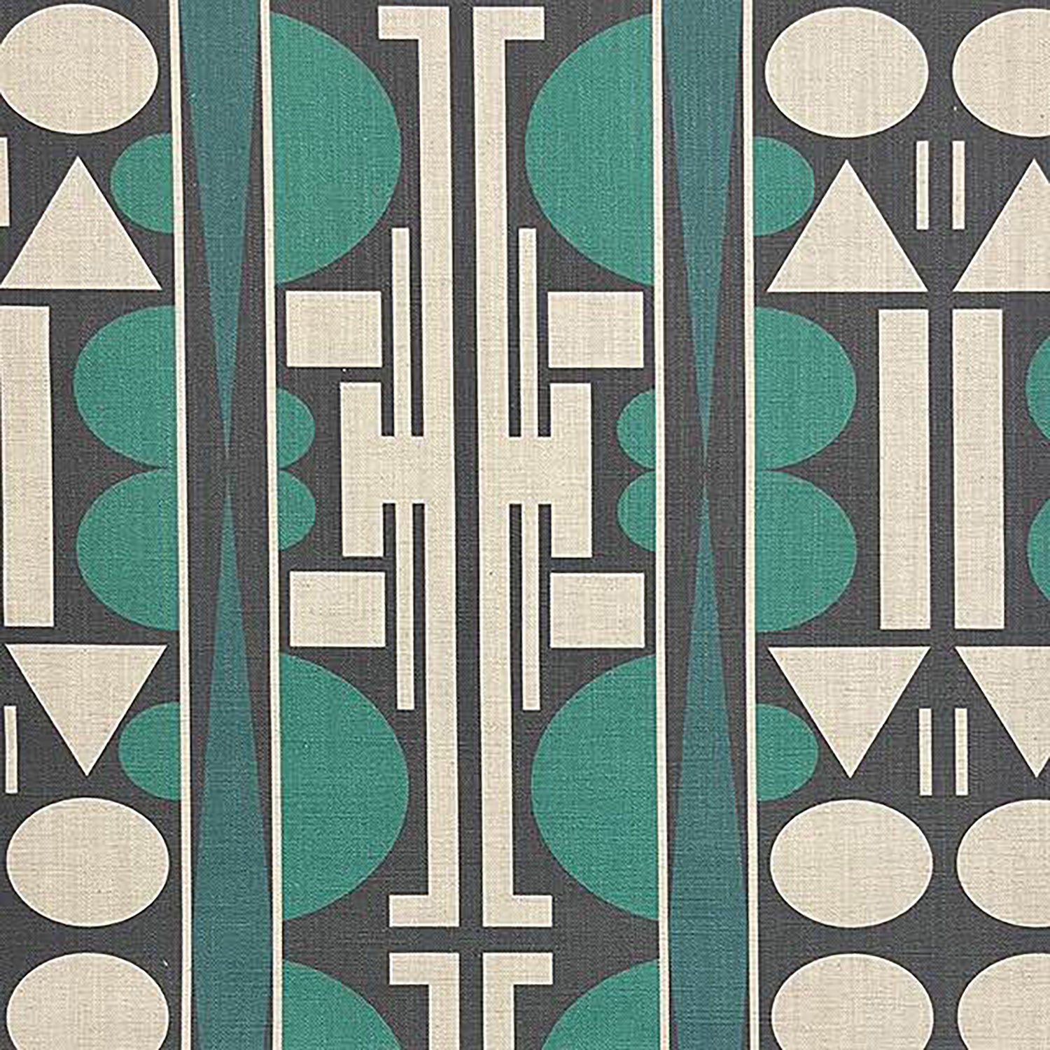 Estaque No.13 upholstery fabric with symmetrical green and black cubist design on flax background