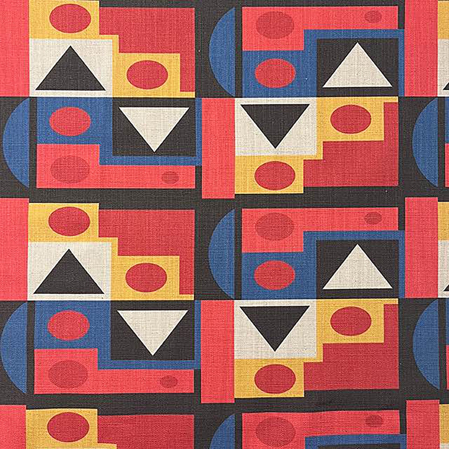 Estaque No.1 cubist-inspired multicoloured upholstery fabric with red, blue, yellow and black geometric shapes