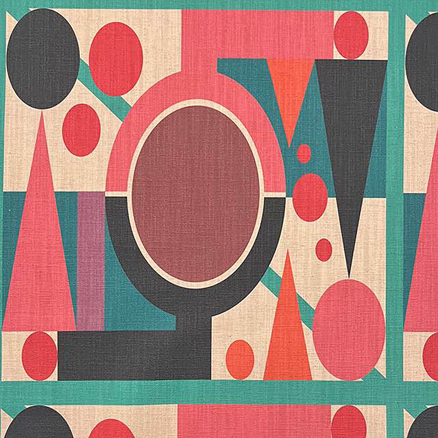 Estaque No.5 luxury multicoloured cubist upholstery fabric in teal, red, coral and black geometric design