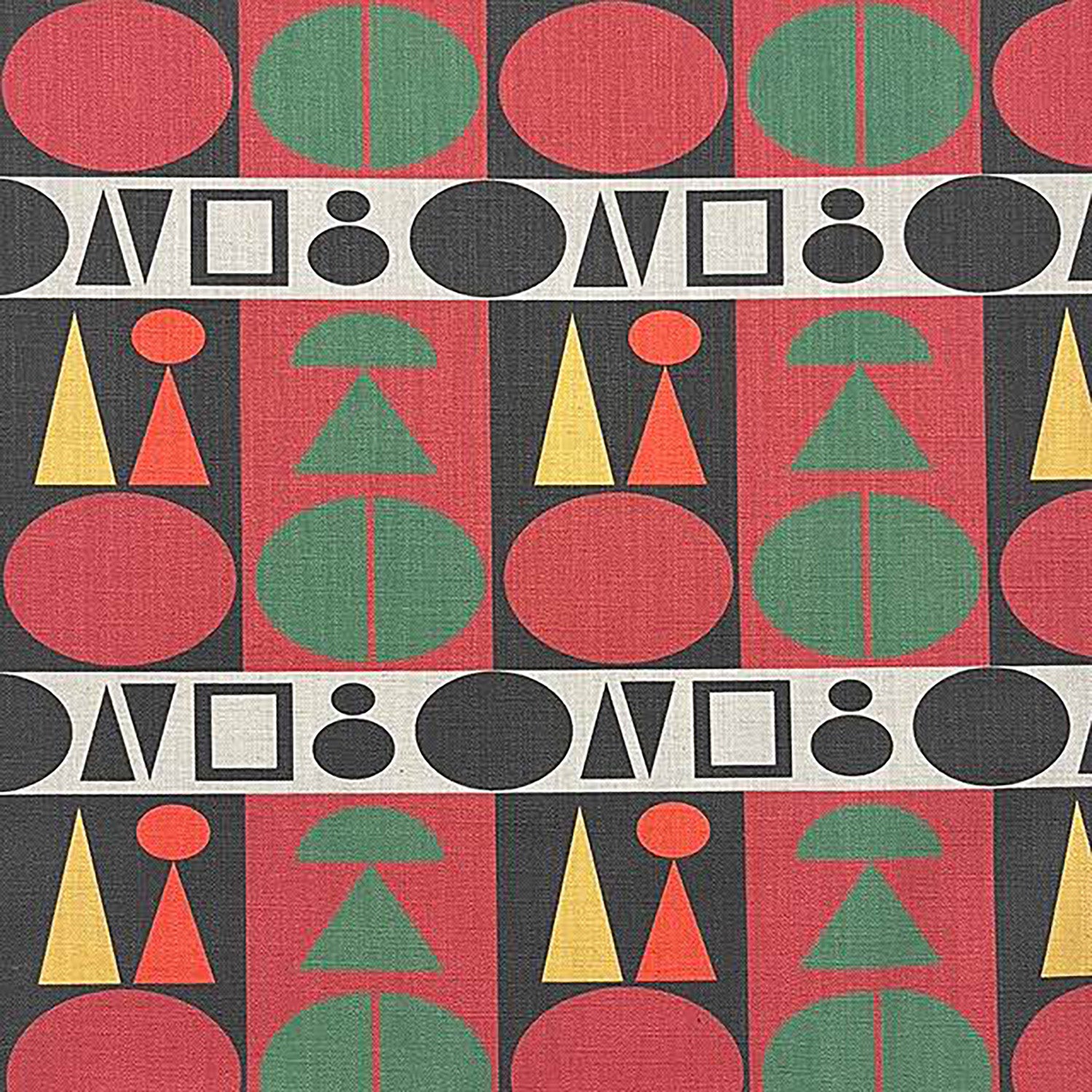 Estaque No.8 geometric cubist upholstery fabric in red, green, black and yellow with modern abstract shapes