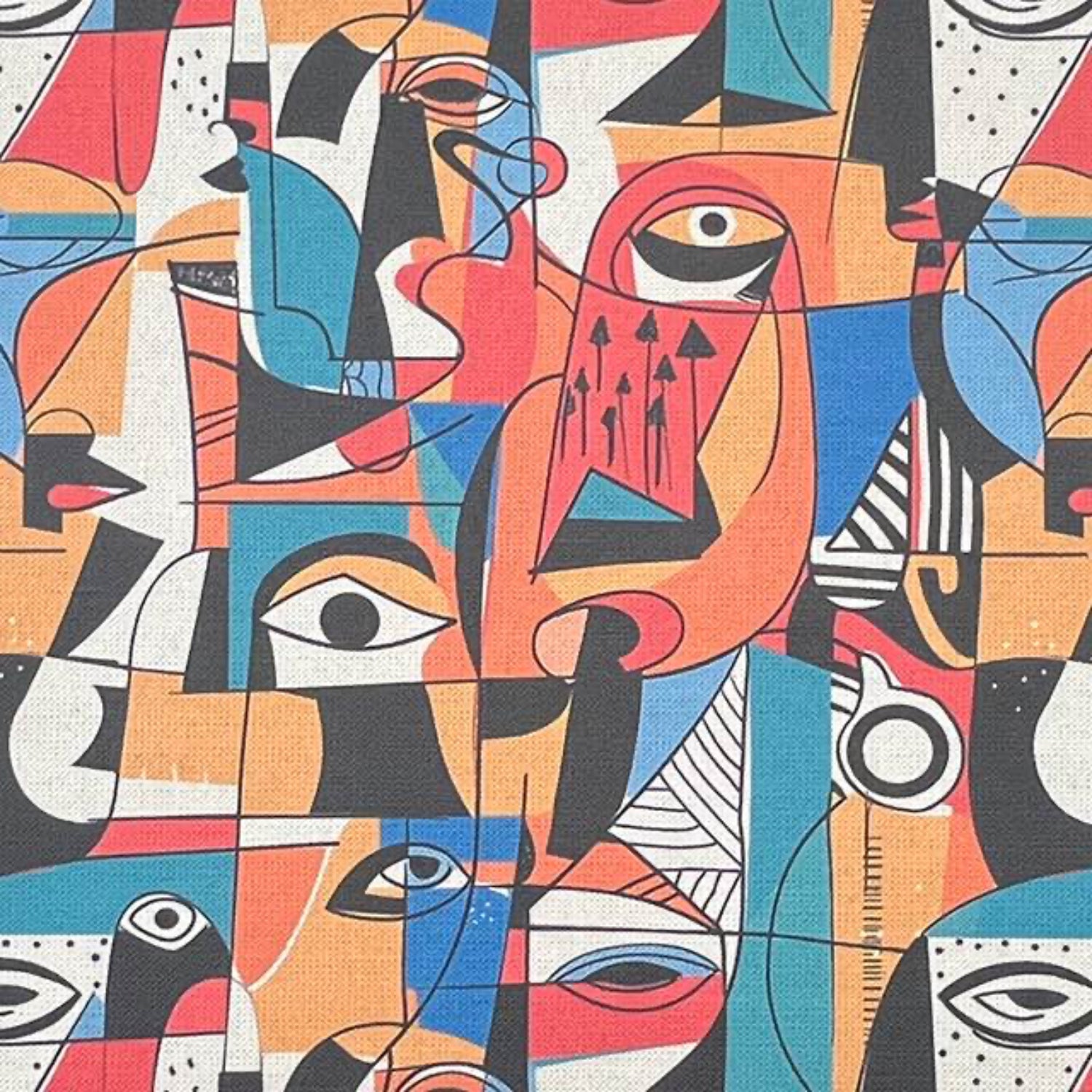 Exhibite No.1 abstract expressionist upholstery fabric with bold multicoloured painterly pattern and stylised faces