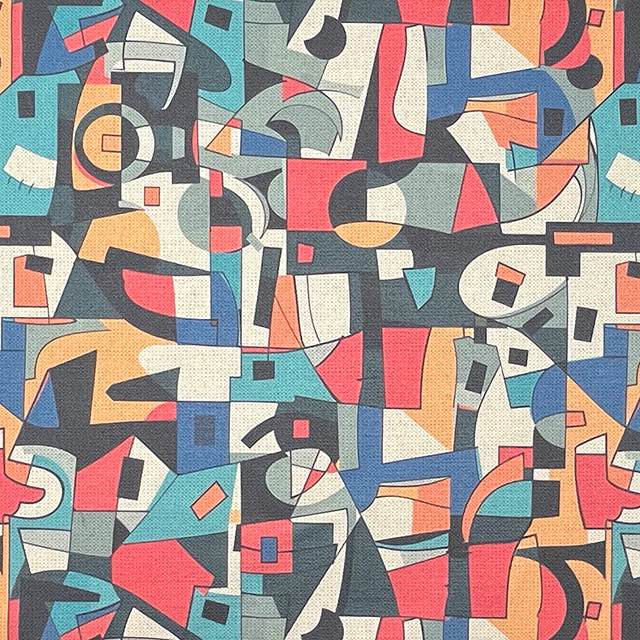Close-up of Exhibite No.10 Upholstery fabric showing abstract multicoloured pattern in navy, coral, soft blue and cream with bold geometric shapes