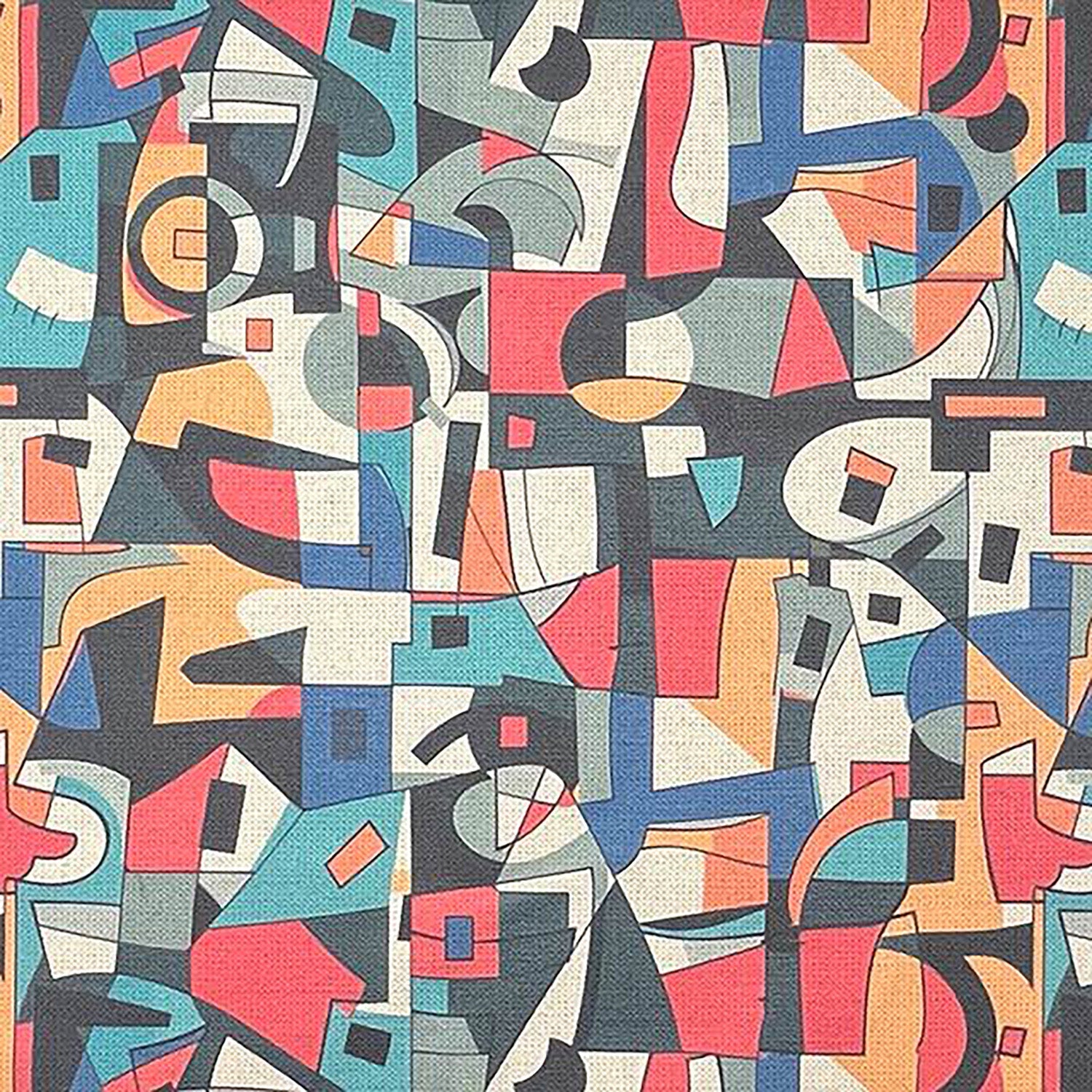 Close-up of Exhibite No.10 Upholstery fabric showing abstract multicoloured pattern in navy, coral, soft blue and cream with bold geometric shapes