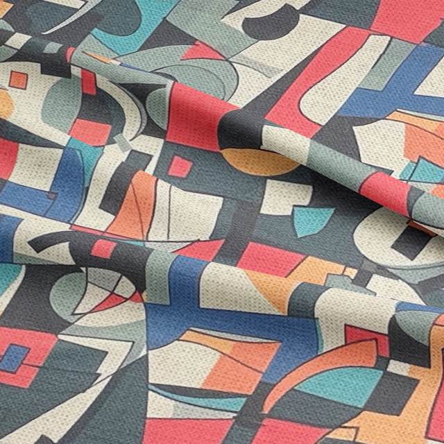 Draped view of Exhibite No.10 abstract upholstery textile showcasing clean lines, overlapping forms, and layered colour blocks