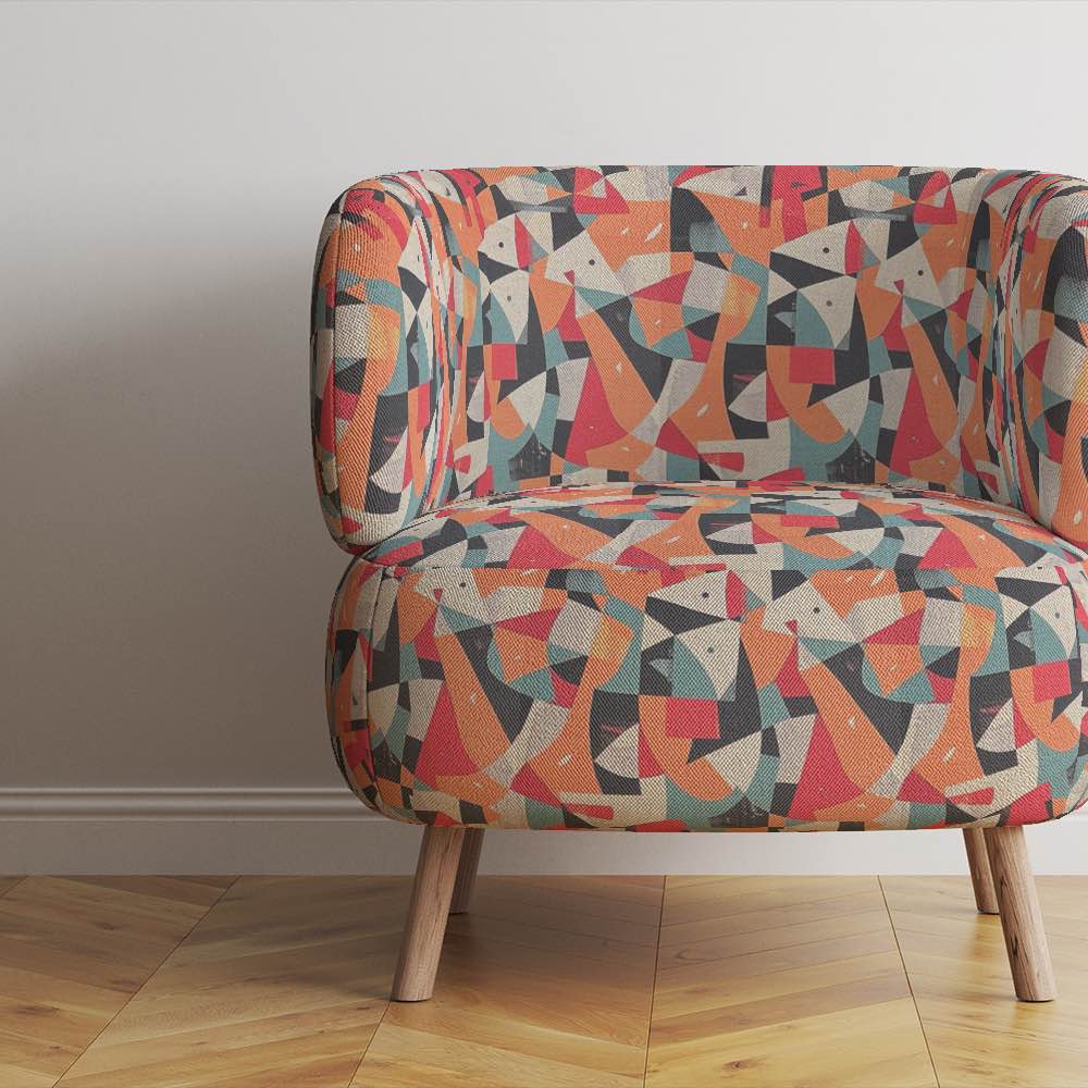 Modern accent chair upholstered in Exhibite No.11 abstract fabric styled on light wooden flooring against a neutral wall