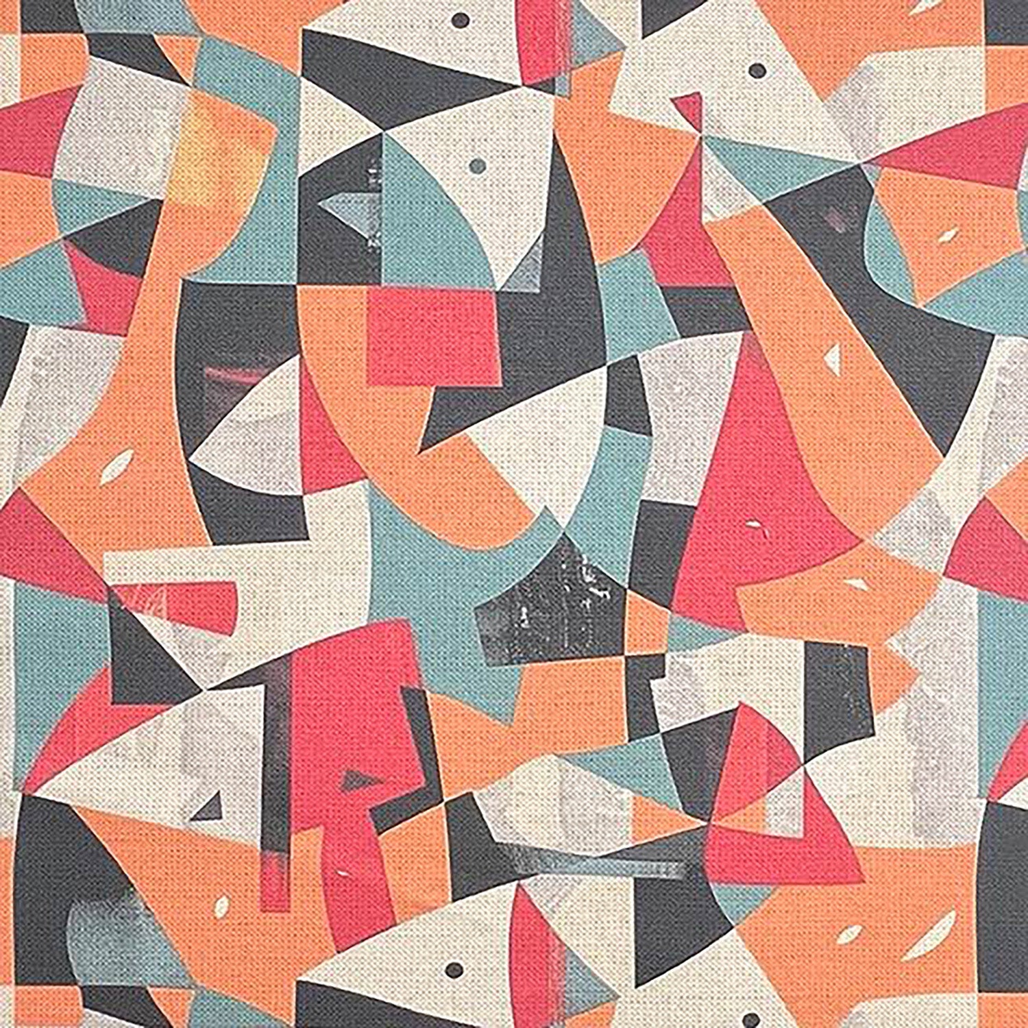 Close-up of Exhibite No.11 luxury upholstery fabric showcasing an abstract pattern in coral, teal, ivory, and black with geometric accents