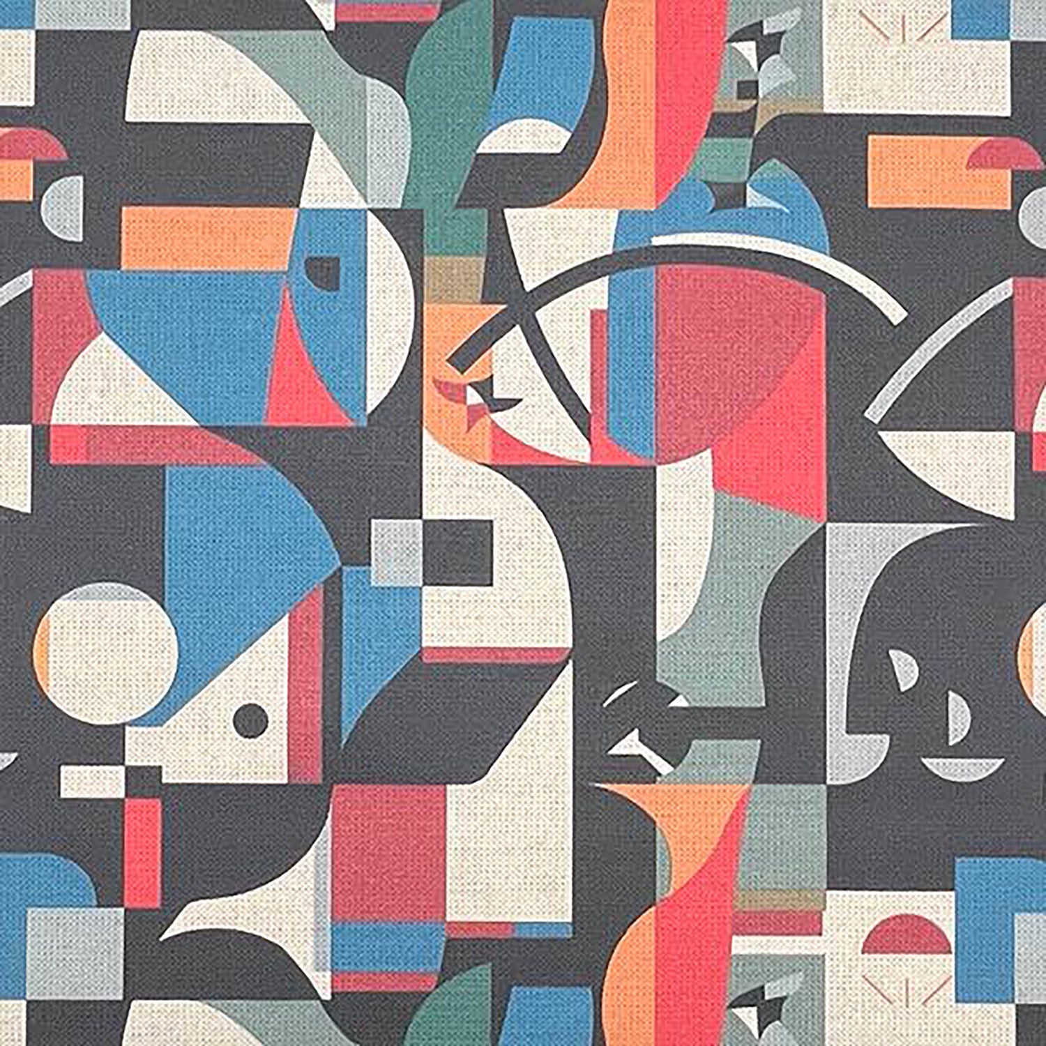 Flatlay of Exhibite No.12 upholstery fabric with abstract geometric shapes in blue, red, black and neutral tones
