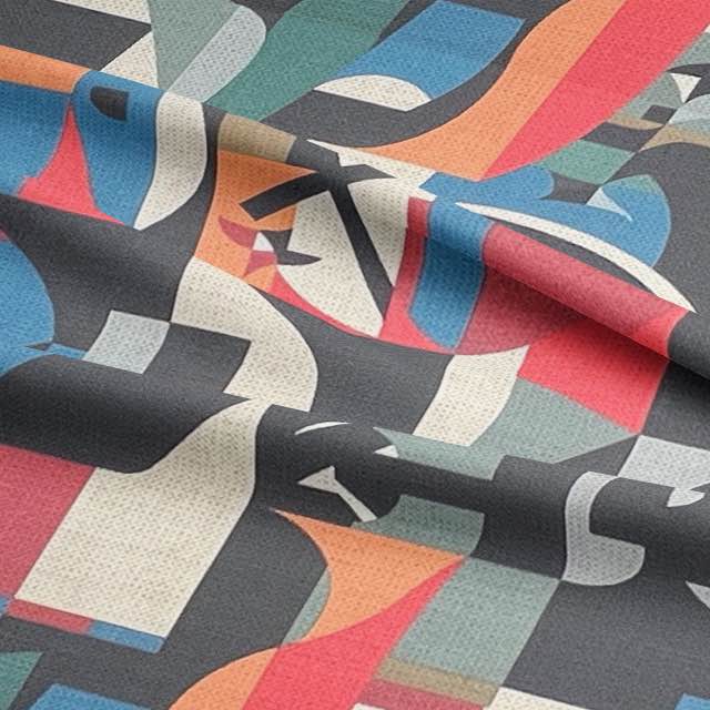 Draped Exhibite No.12 fabric showing soft texture and modernist design motifs in multicolour palette