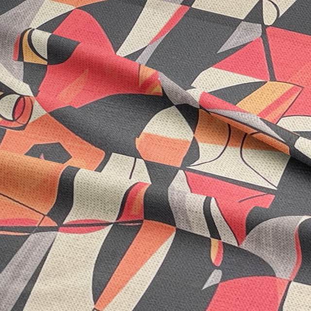 Close-up of Exhibite No.13 fabric showing artistic brushwork and layered abstract forms in red and charcoal tones