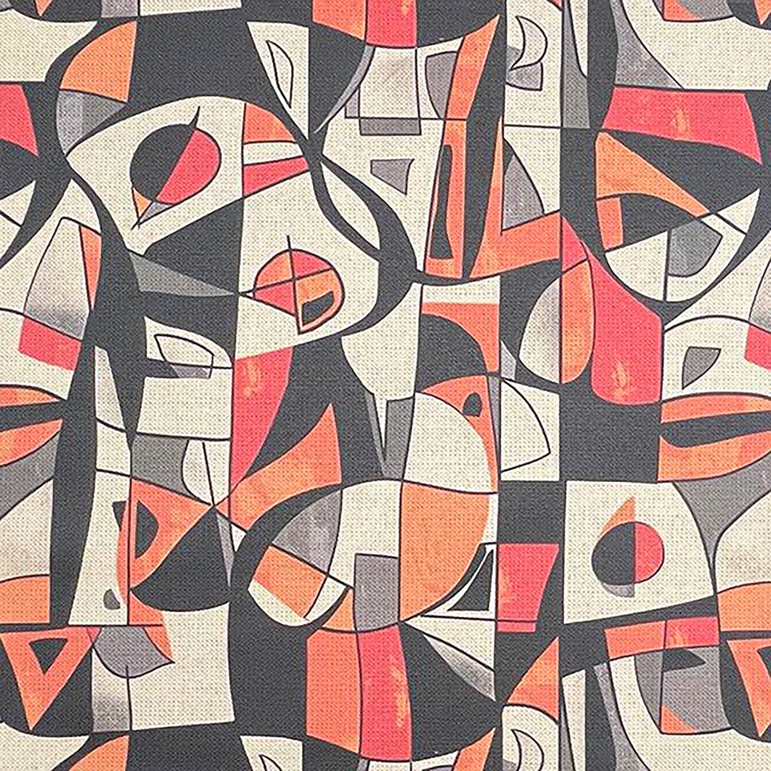Flat lay of Exhibite No.14 Upholstery Fabric with bold red and orange abstract pattern