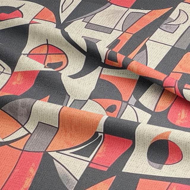 Close-up of Exhibite No.14 fabric showing painterly expressionist curves in warm tones