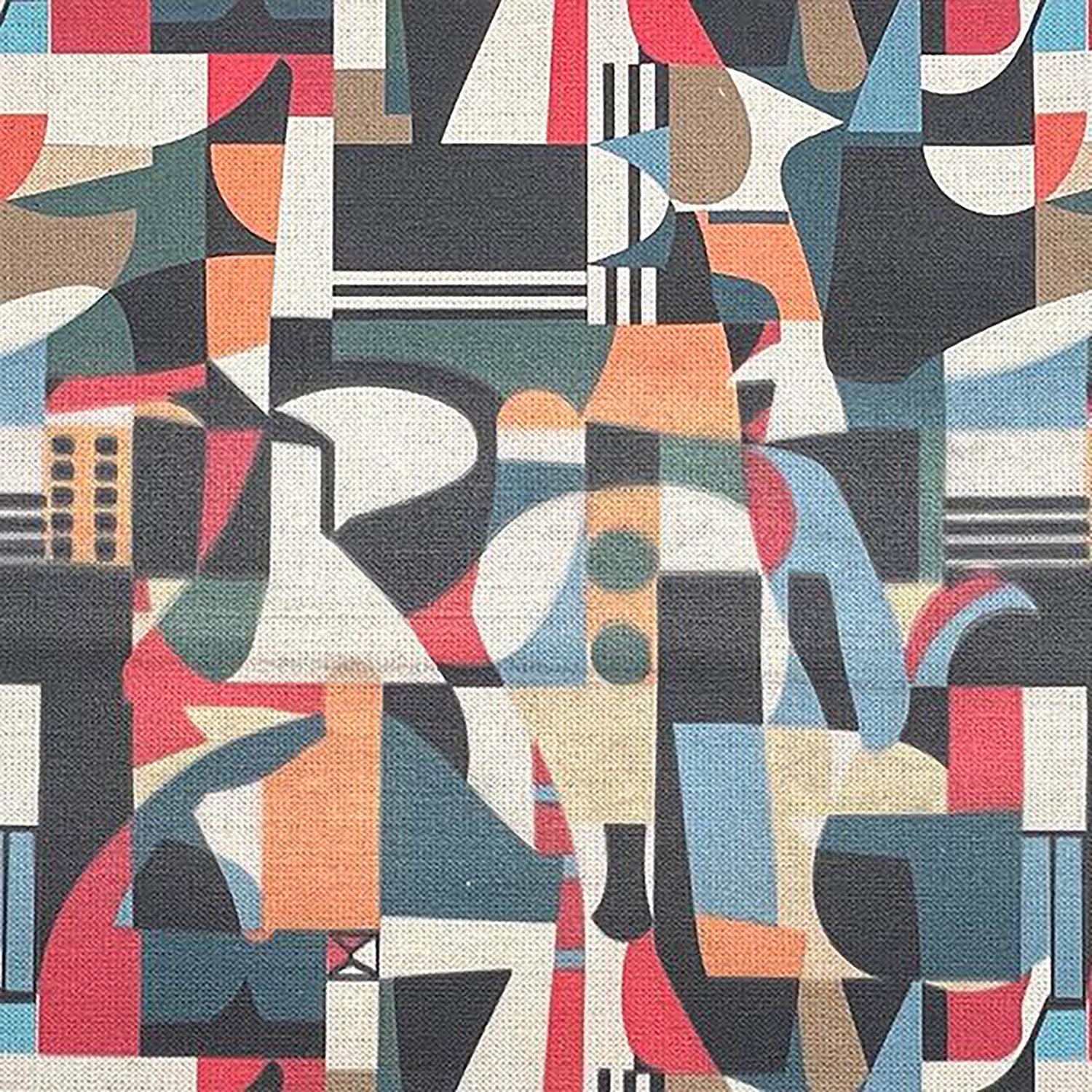 Flat lay of Exhibite No.15 Upholstery Fabric featuring abstract multicolour geometric design
