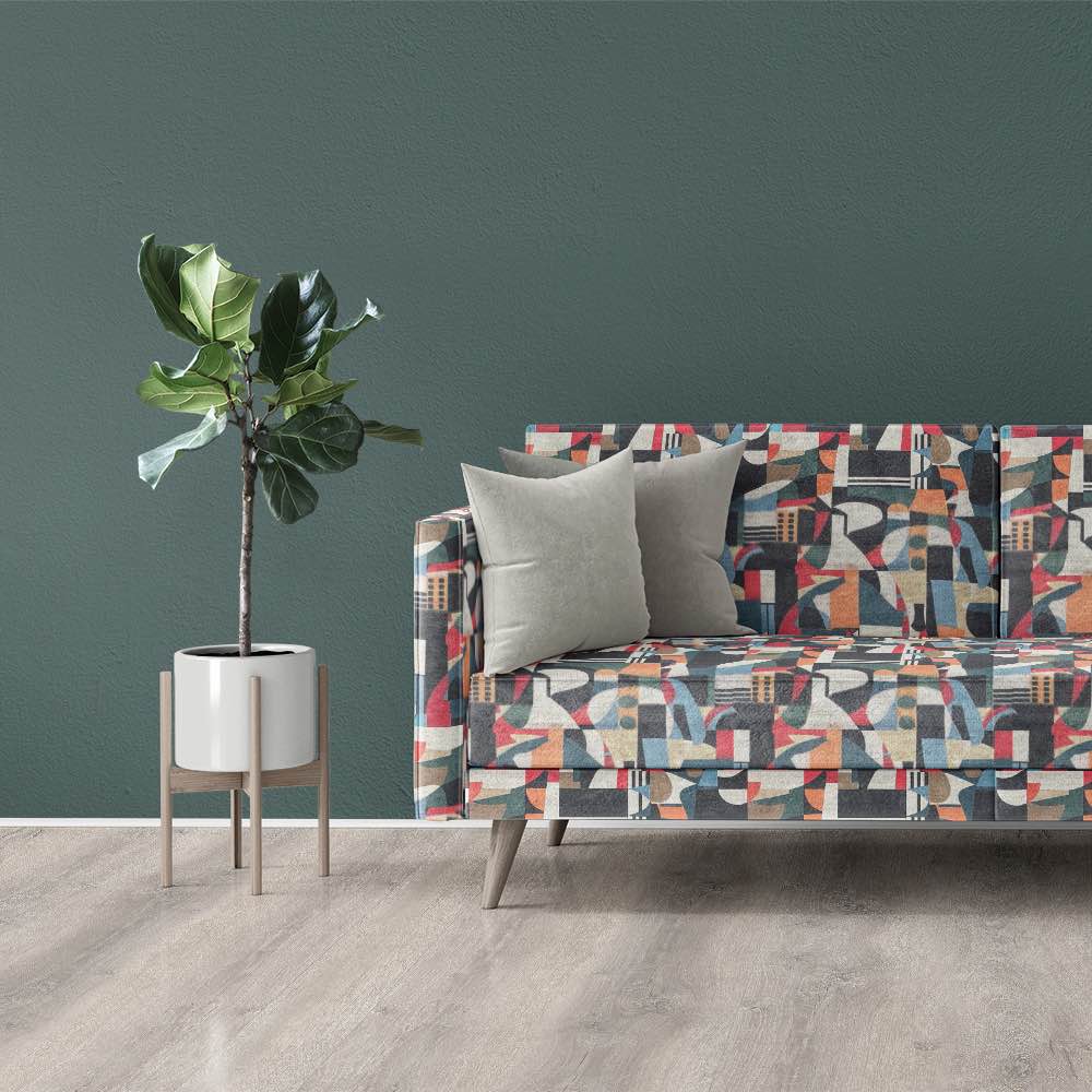 Sofa upholstery fabric in Exhibite No.15 fabric with modern abstract pattern in muted colours