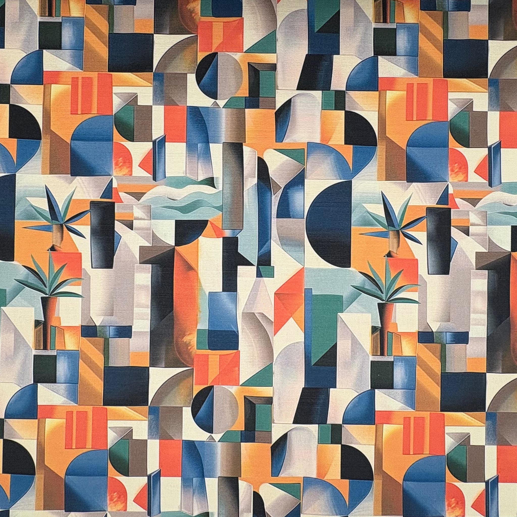 Flat lay of Exhibite No.16 Upholstery Fabric featuring tropical modernist geometric and palm tree design