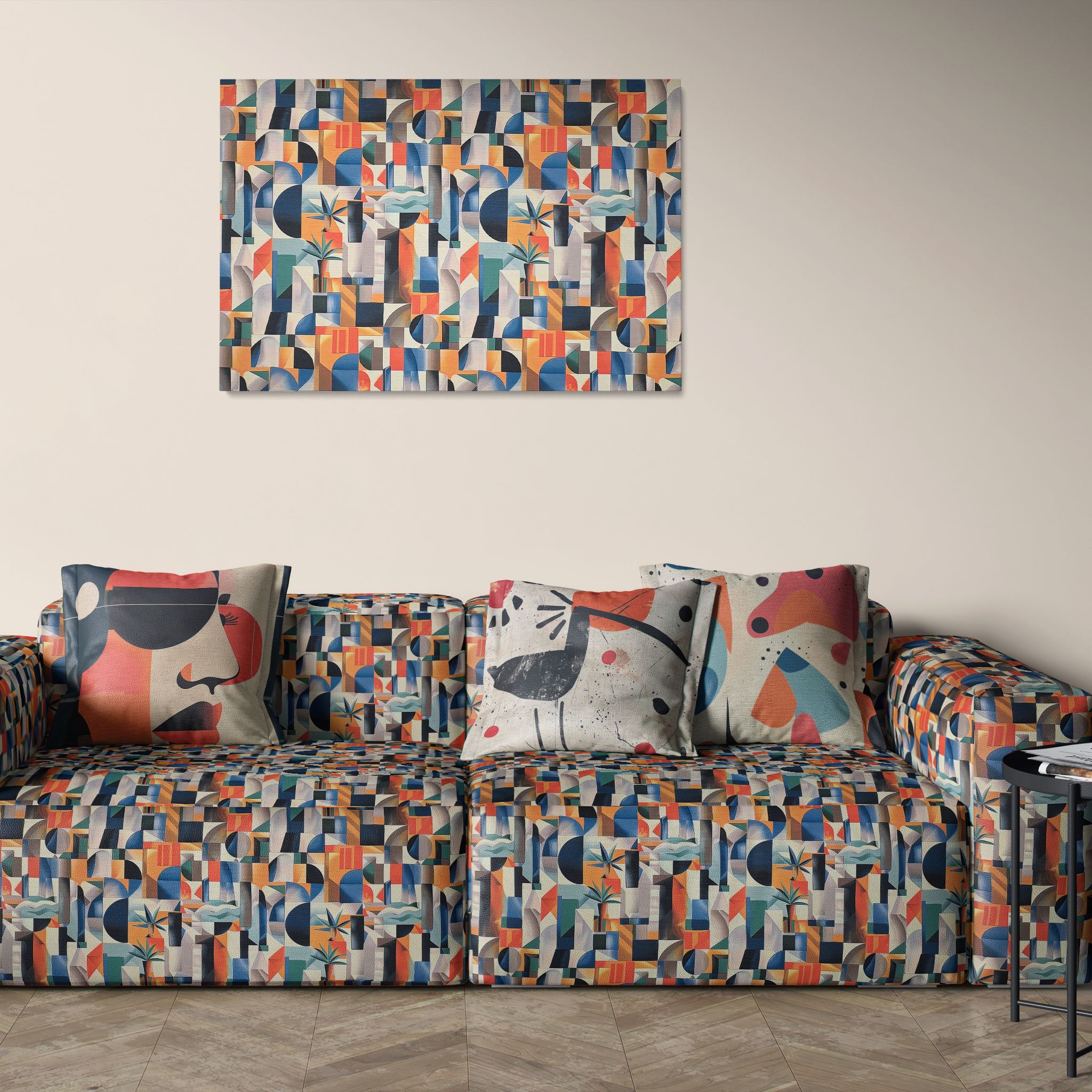 Sofa upholstered in Exhibite No.16 with multicolour tropical abstract pattern and bold symmetry