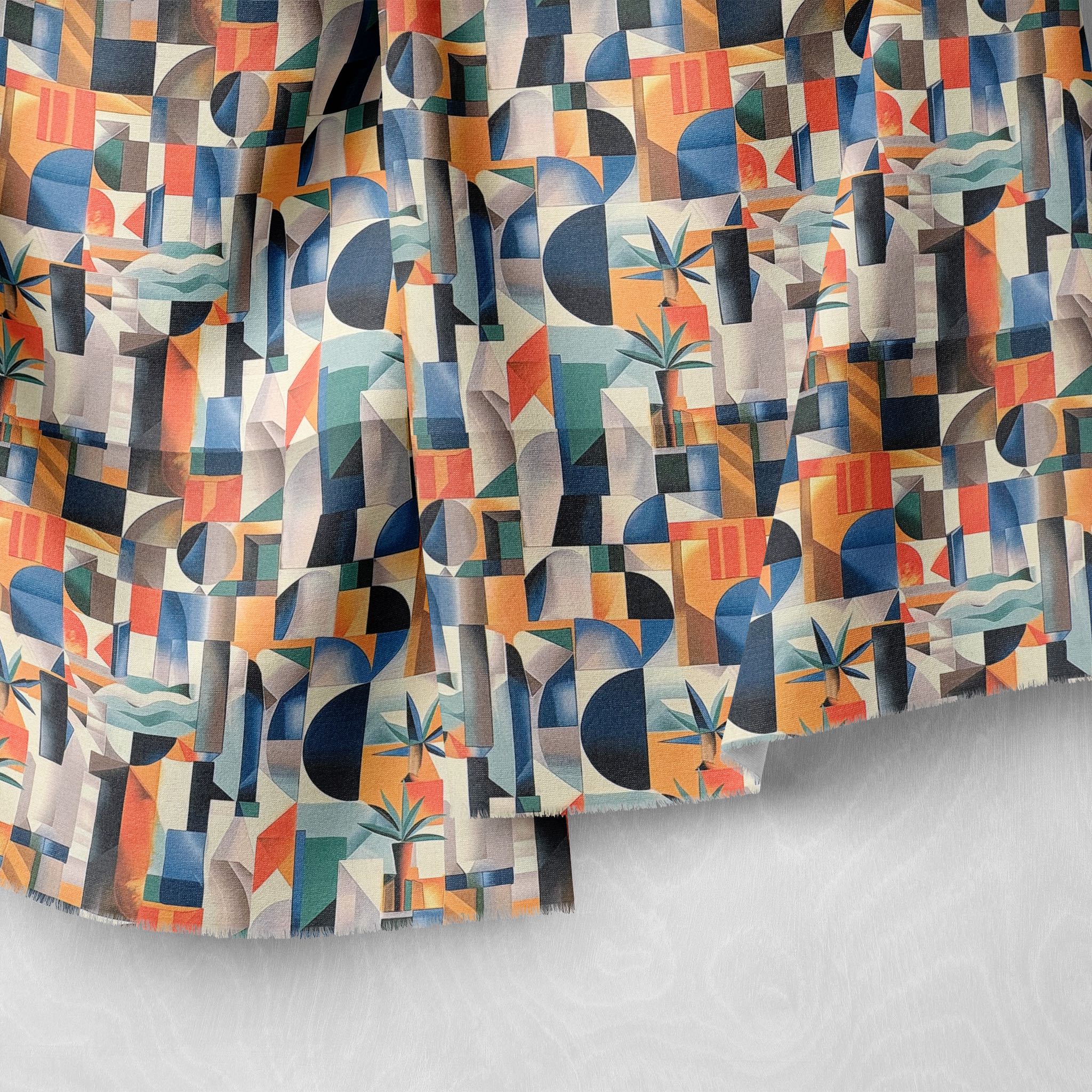 Fabric detail of Exhibite No.16 showing artistic palm shapes and architectural blocks in warm tones