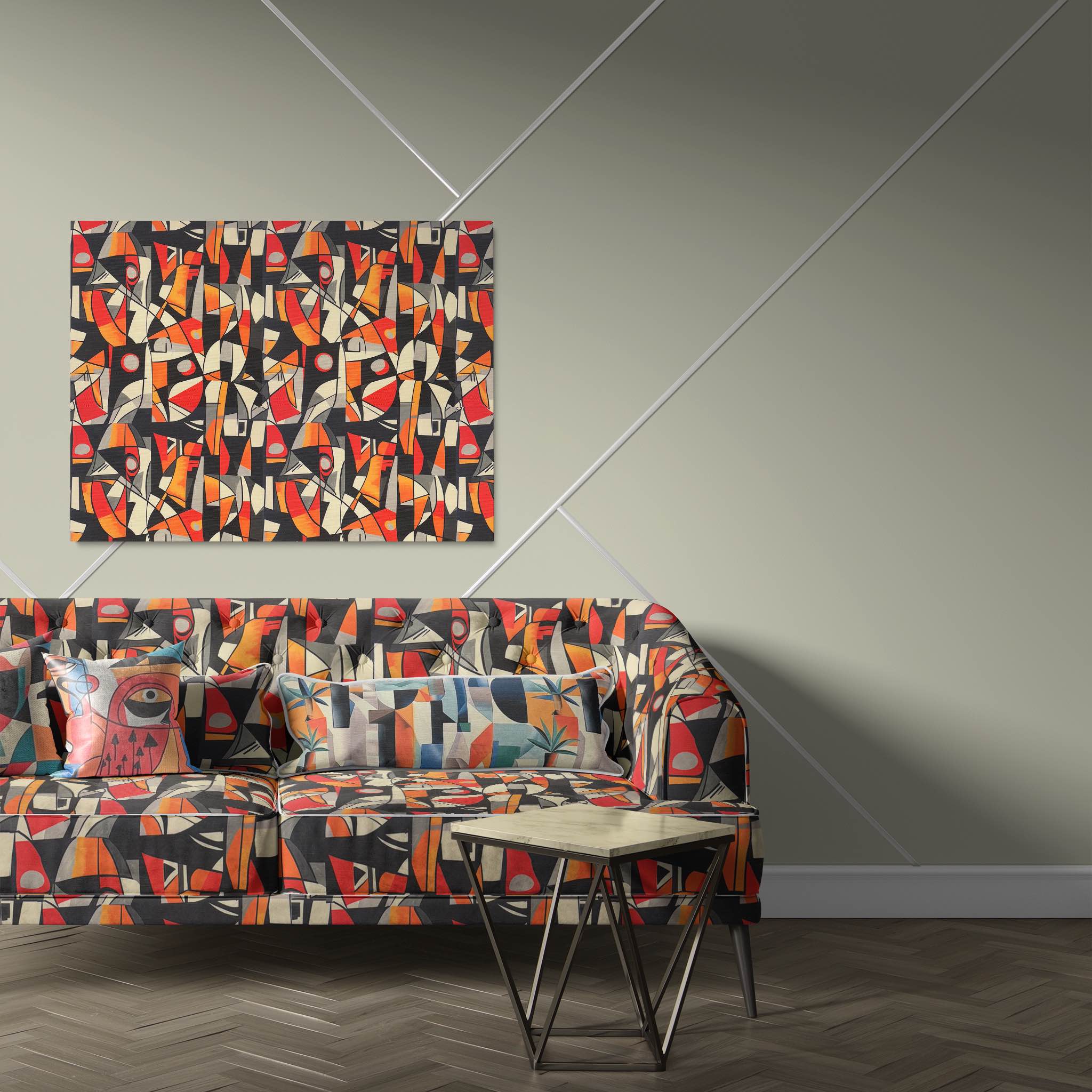Sofa upholstered in Exhibite No.17 fabric showing burnt orange and ivory geometric print