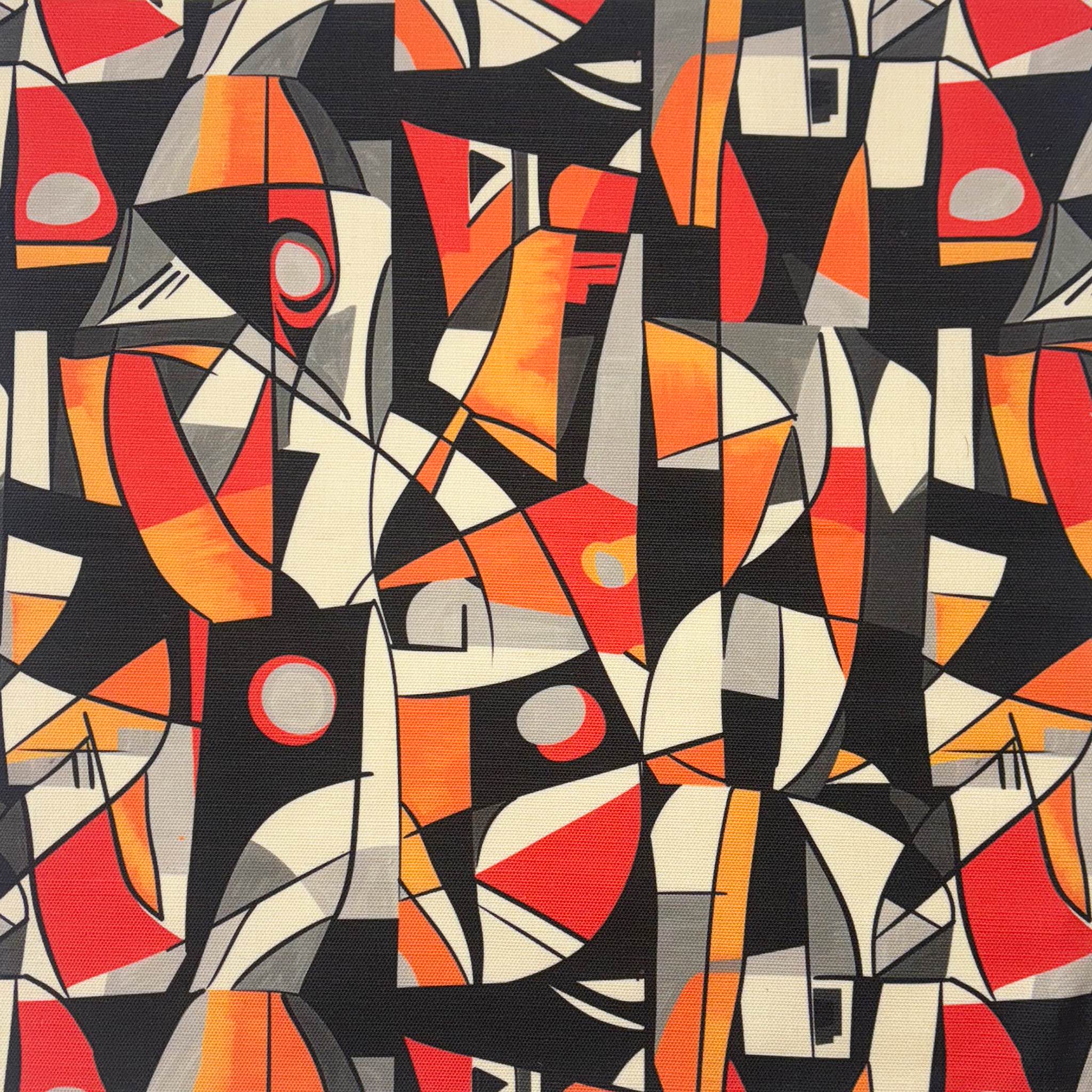 Flat image of Exhibite No.17 upholstery fabric with abstract orange and black pattern