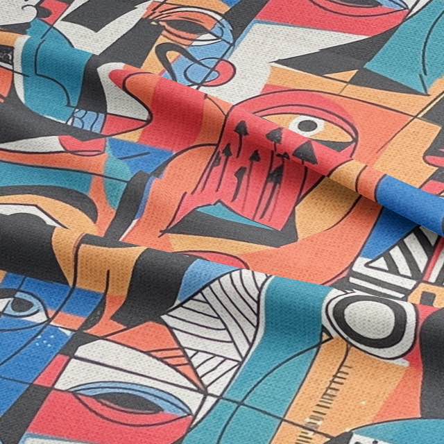 Close-up of Exhibite No.1 designer upholstery fabric showing vivid colour blocks and expressive linework