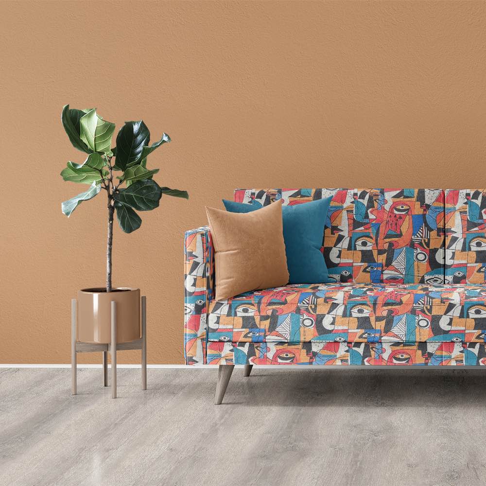 Modern sofa upholstered in Exhibite No.1 with abstract art-inspired geometric and organic forms