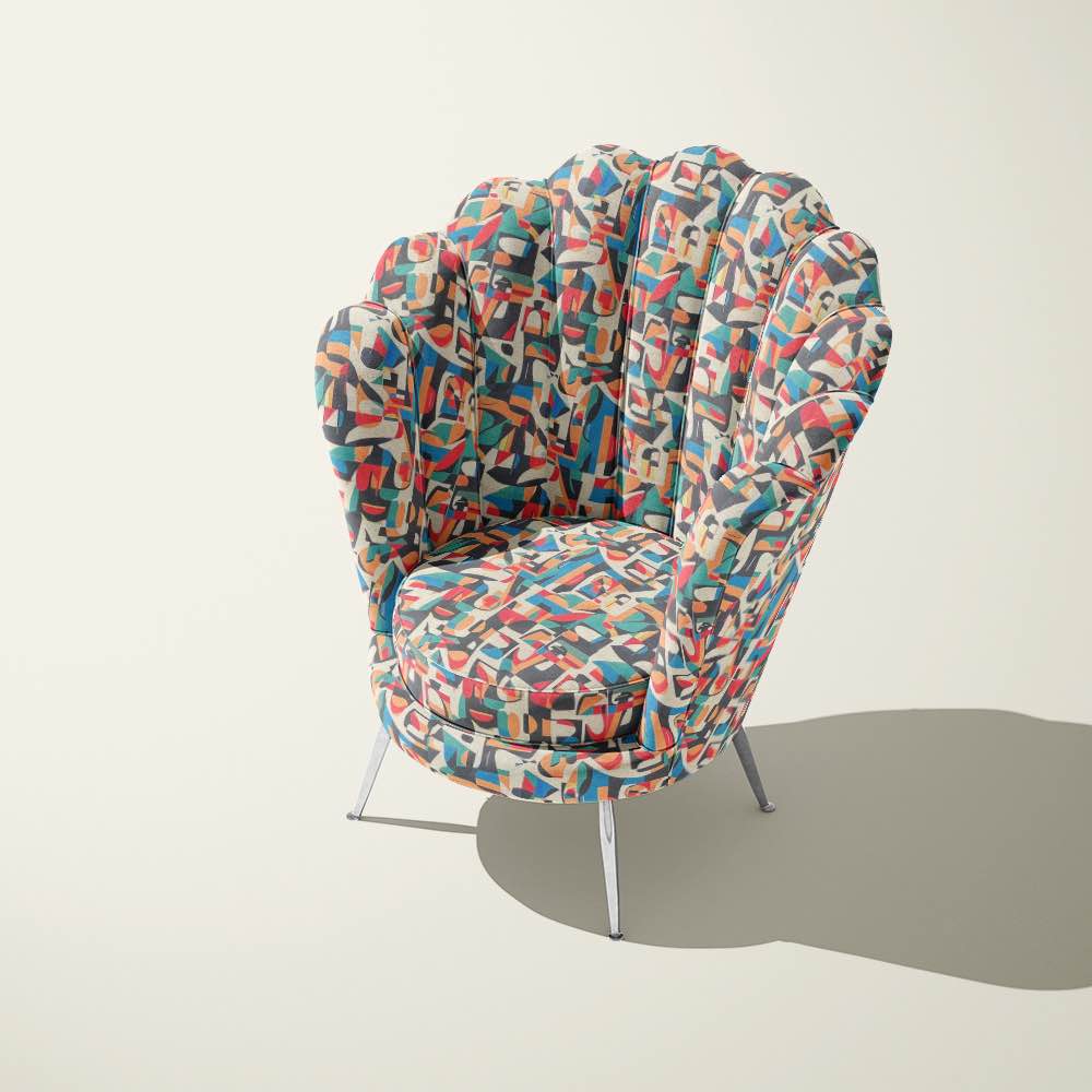 Exhibite No.2 luxury abstract fabric upholstered on modern sculptural armchair in light interior