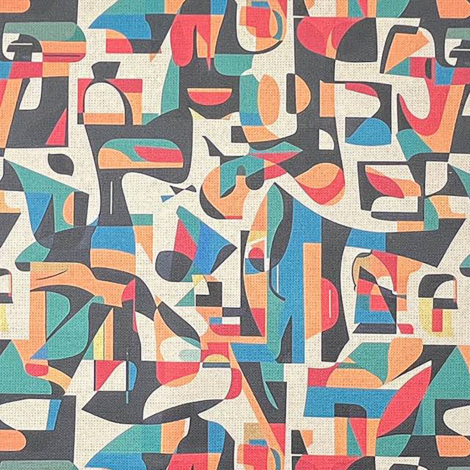 Exhibite No.2 multicoloured abstract curved shapes on flax background – close-up of upholstery fabric texture