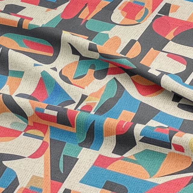Draped Exhibite No.2 fabric showing bold curved forms in coral, teal, navy, and ochre on neutral base