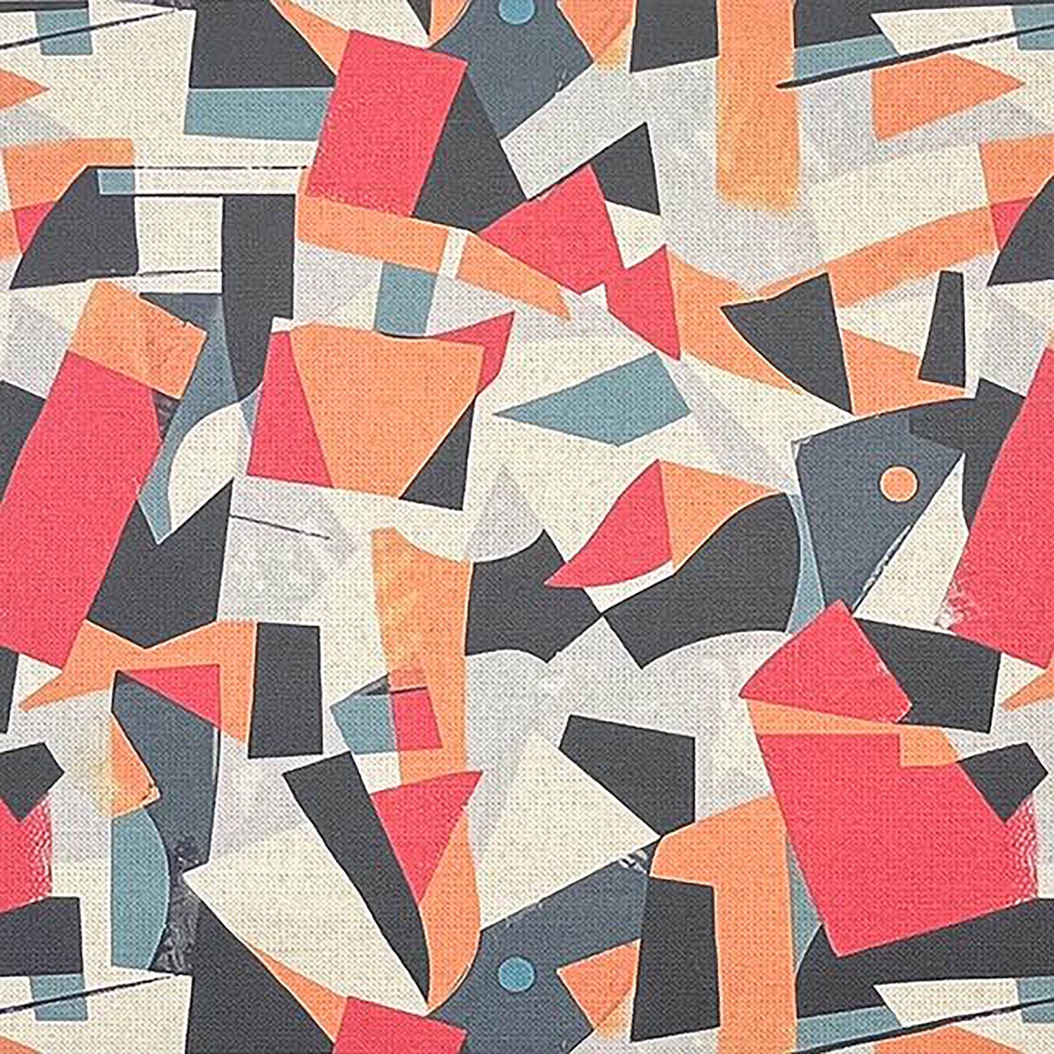 Exhibite No.3 abstract geometric upholstery fabric – angular red, ochre and slate shapes on neutral flax background