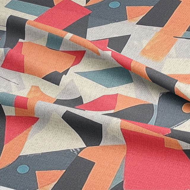 Draped view of Exhibite No.3 fabric showcasing overlapping angular shapes in earthy contemporary palette