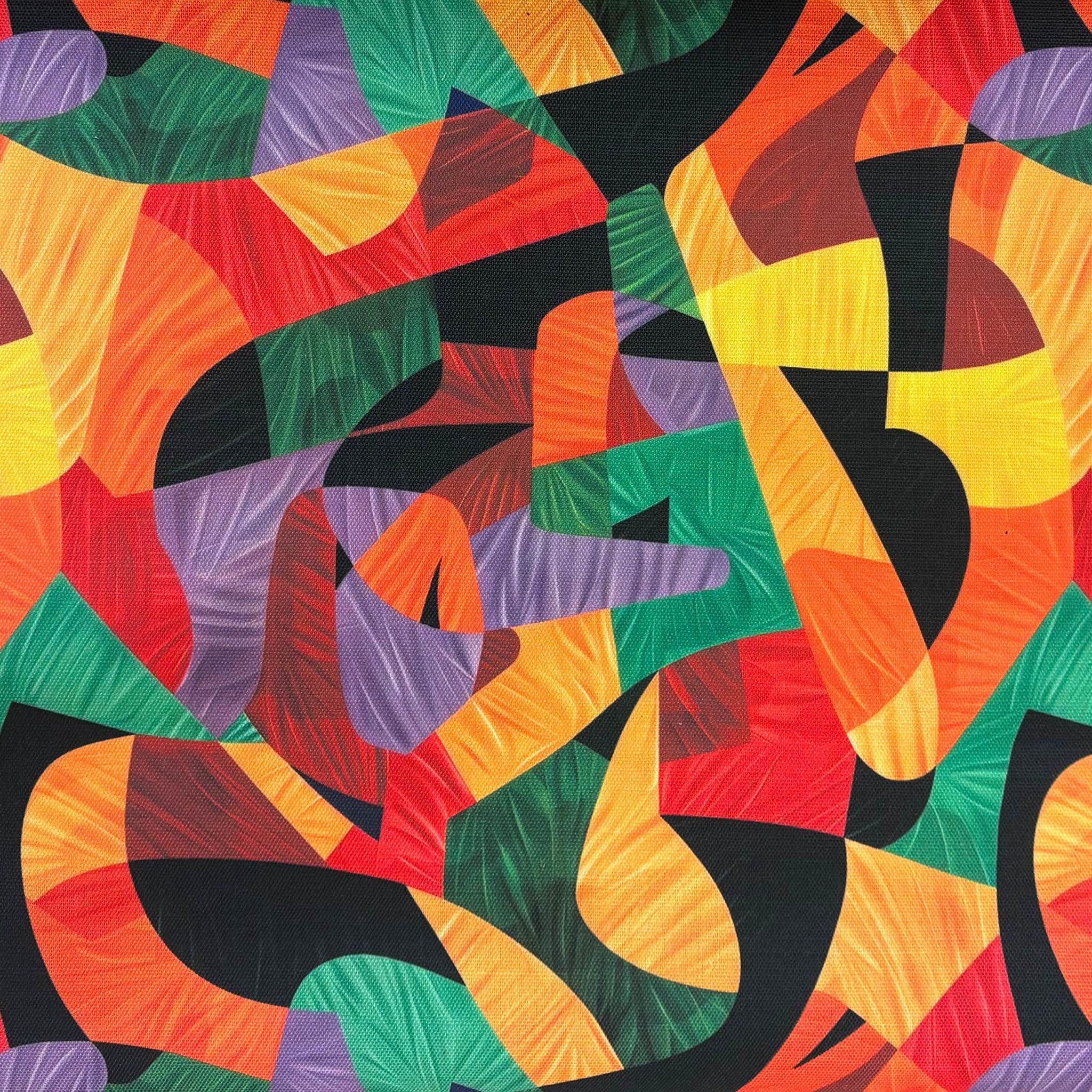 Exhibite No.4 upholstery fabric with abstract curved shapes in vibrant jewel tones on black background