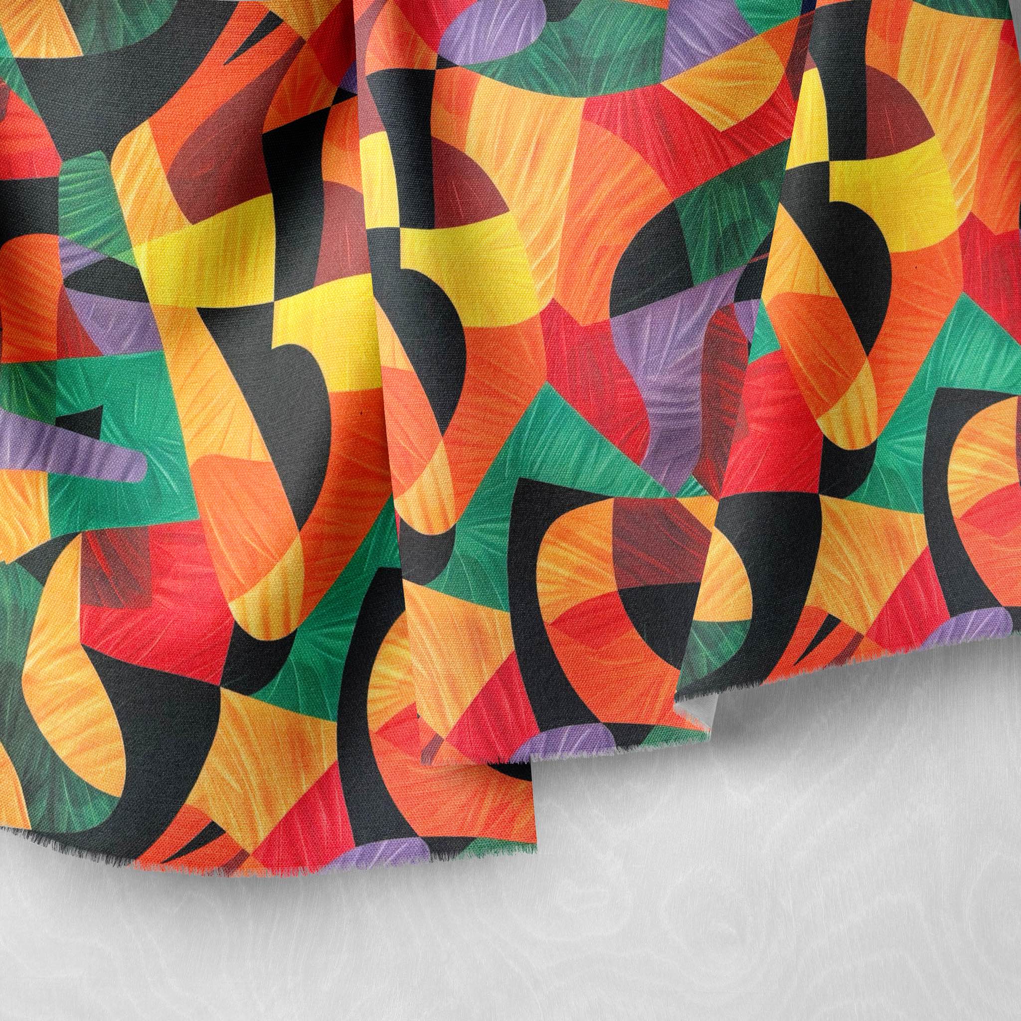 Luxury designer fabric draped to show brushstroke texture and expressive curved pattern in red, yellow, green, and purple