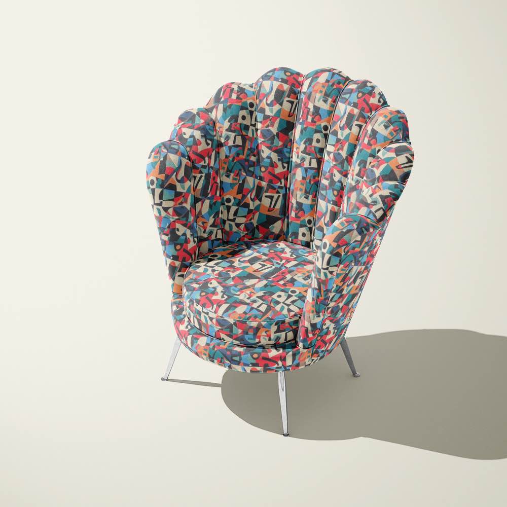 Modern scallop chair upholstered in Exhibite No.5 designer fabric, with expressive shapes and soft colour palette