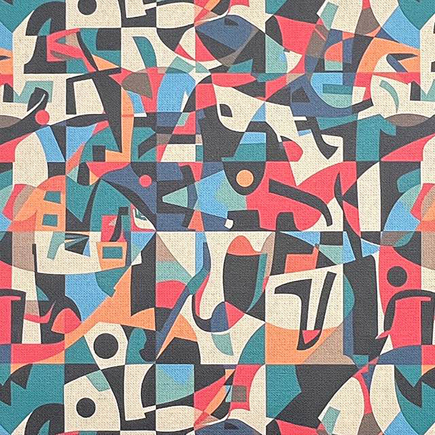 Exhibite No.5 upholstery fabric featuring abstract multicolour pattern in muted blue, red and peach tones