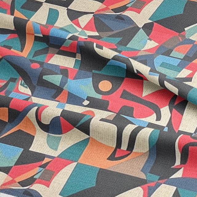 Detail shot of Exhibite No.5 fabric showing abstract geometric design in a painterly style