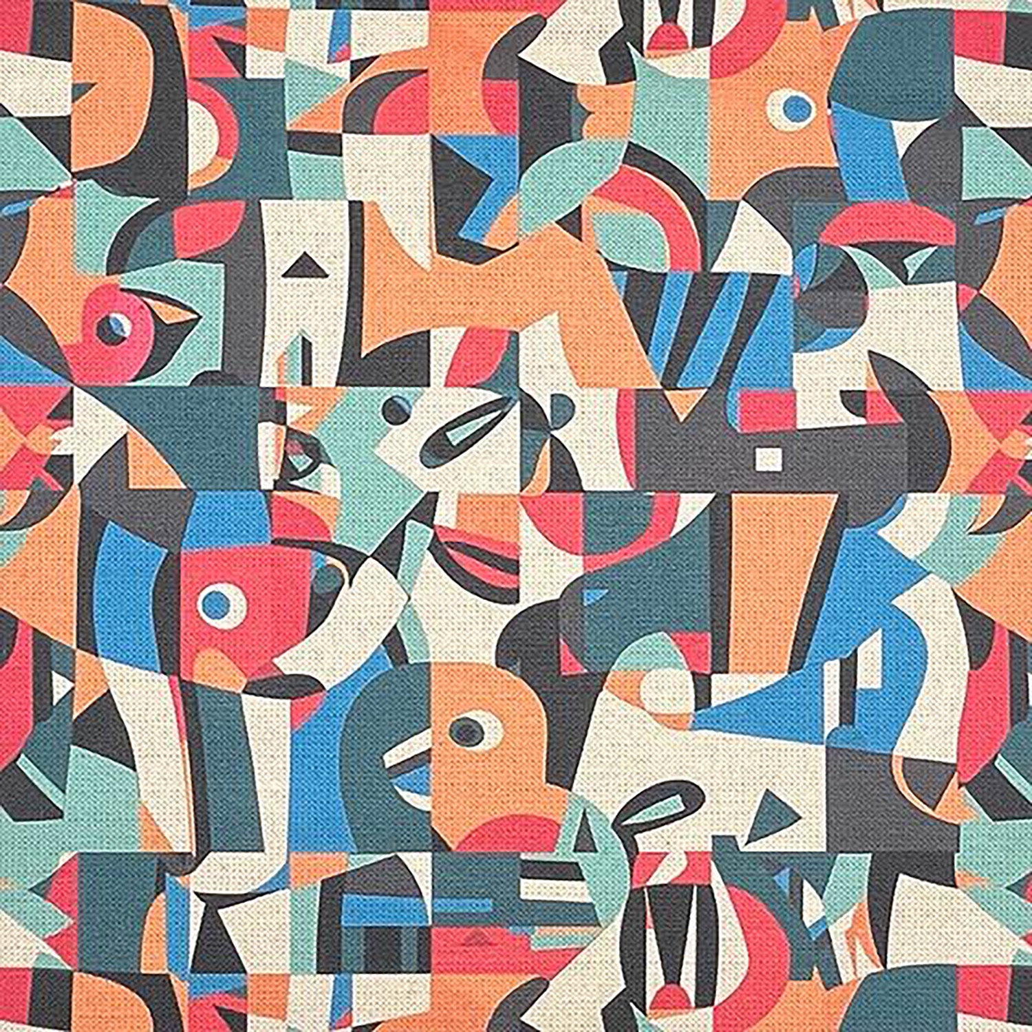 Exhibite No.6 close-up fabric swatch showing expressive multicoloured abstract pattern in coral, navy, and teal on natural linen background