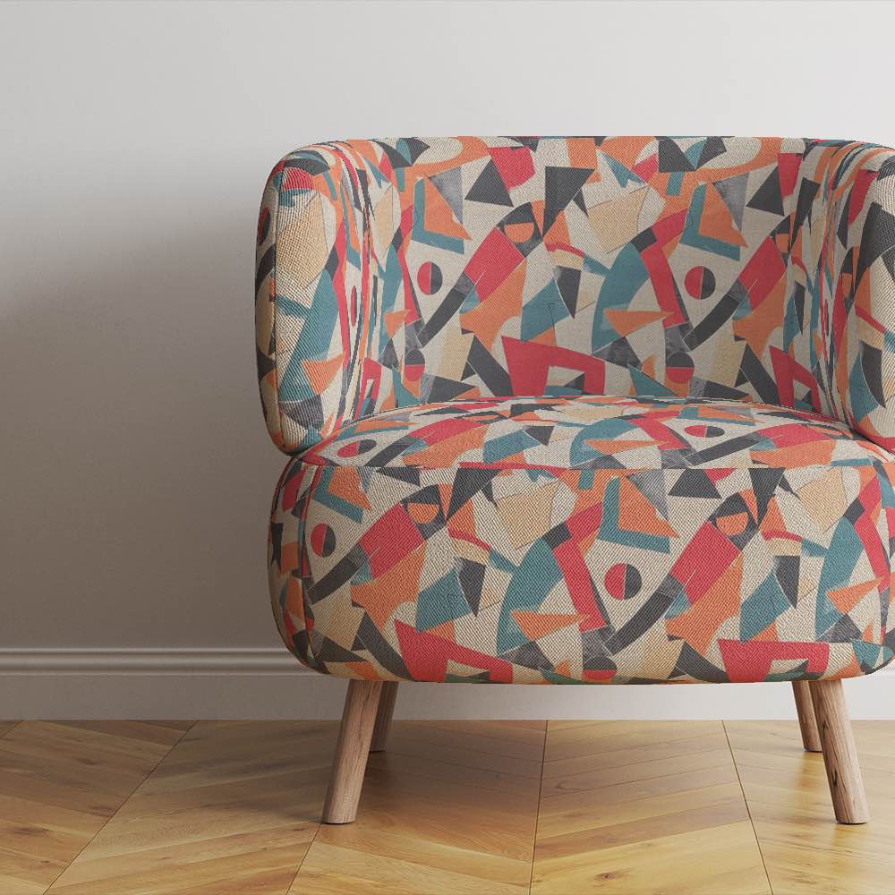 Luxury armchair upholstered in Exhibite No.7 fabric placed in modern living room with curved back silhouette