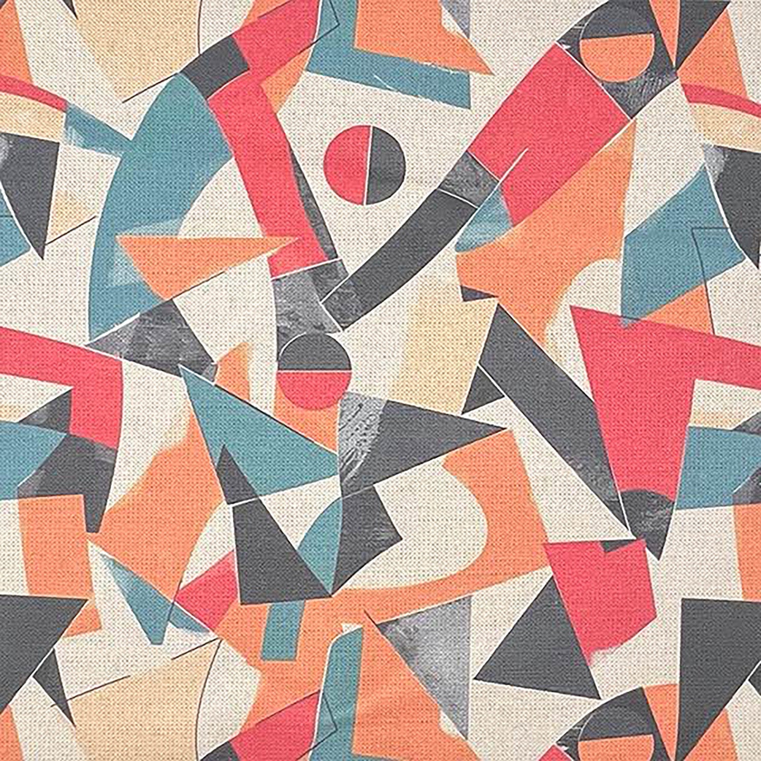 Exhibite No.7 abstract upholstery fabric close-up showing expressive multicoloured design in turquoise, peach, and terracotta on natural base