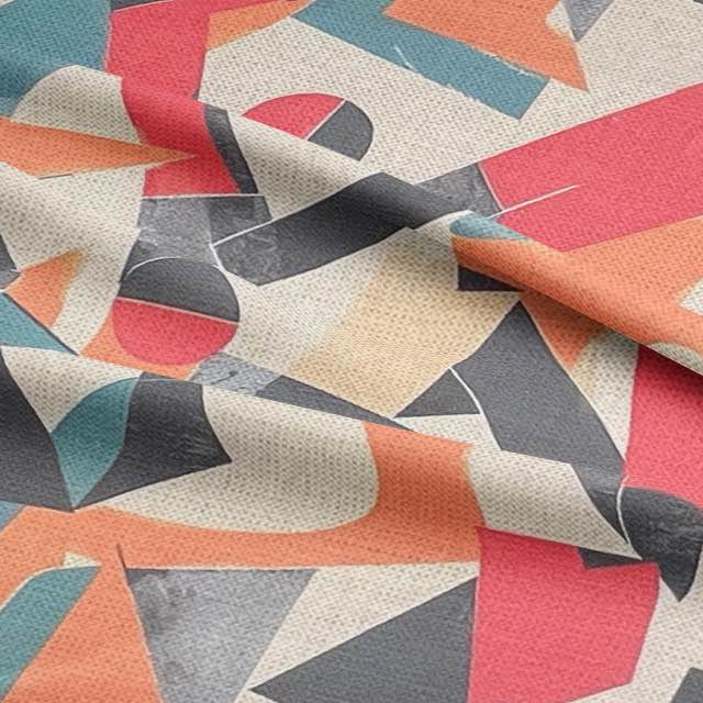 Detail of Exhibite No.7 fabric draped to highlight its abstract painterly print and multicoloured brushstroke texture