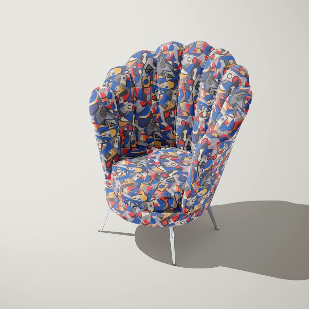Scallop chair upholstered in Exhibite No.8 fabric, placed in minimalist setting with dramatic curved silhouette
