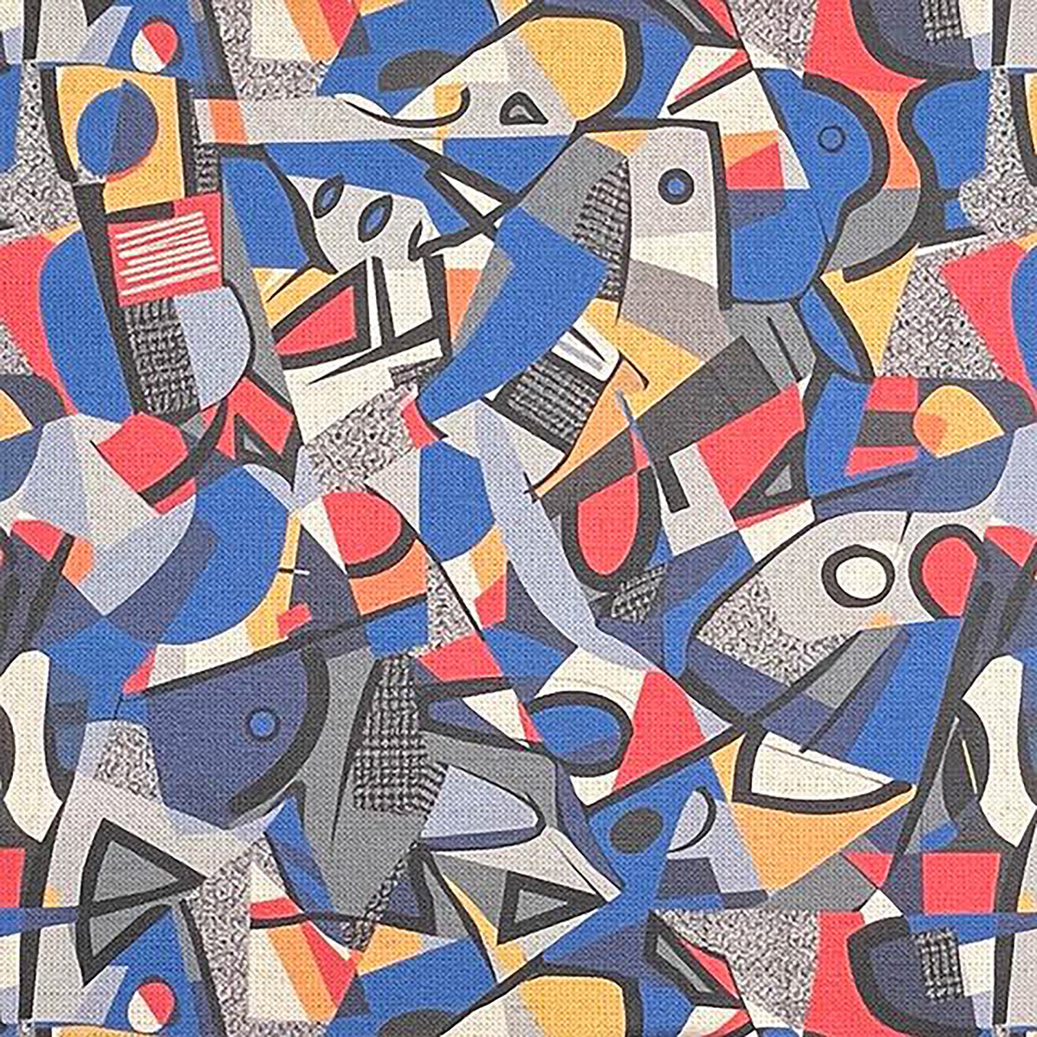 Close-up of Exhibite No.8 fabric featuring abstract blue shapes with mustard, red and grey accents on a neutral background