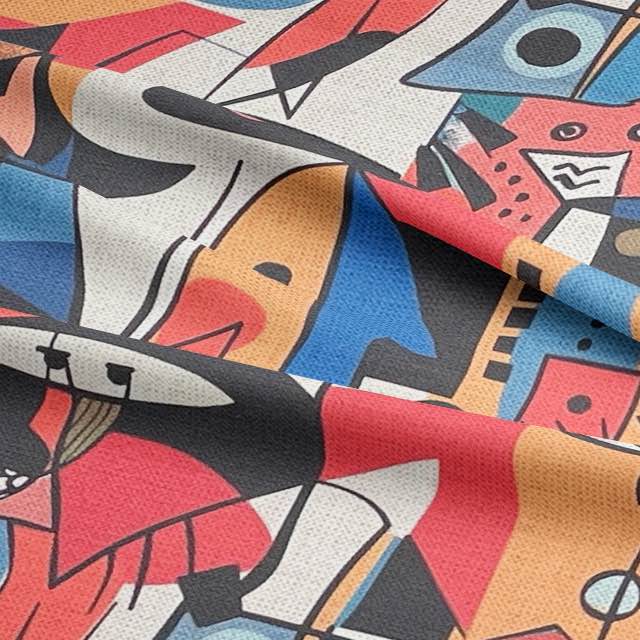 Ruffled view of Exhibite No.9 upholstery fabric in bright multicoloured abstract art design