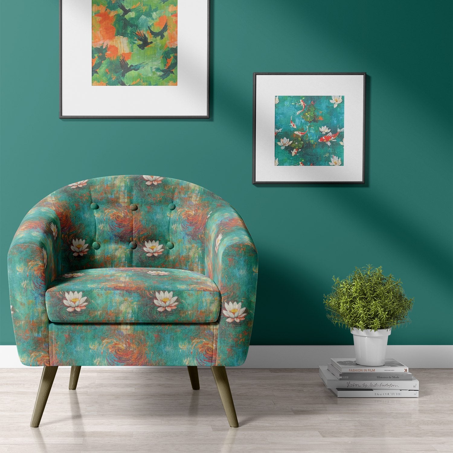 Chair upholstered in Expressionism No.4 teal and orange upholstery fabric with lily motif
