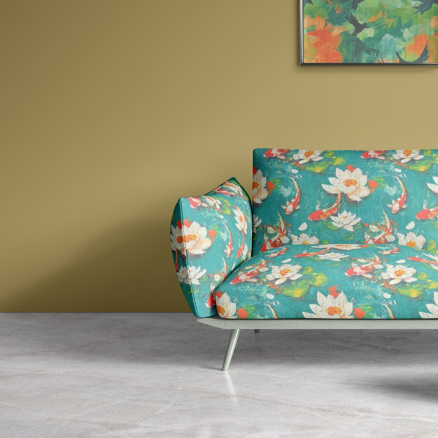 Sofa in vibrant multicoloured upholstery fabric with koi fish and lotus design