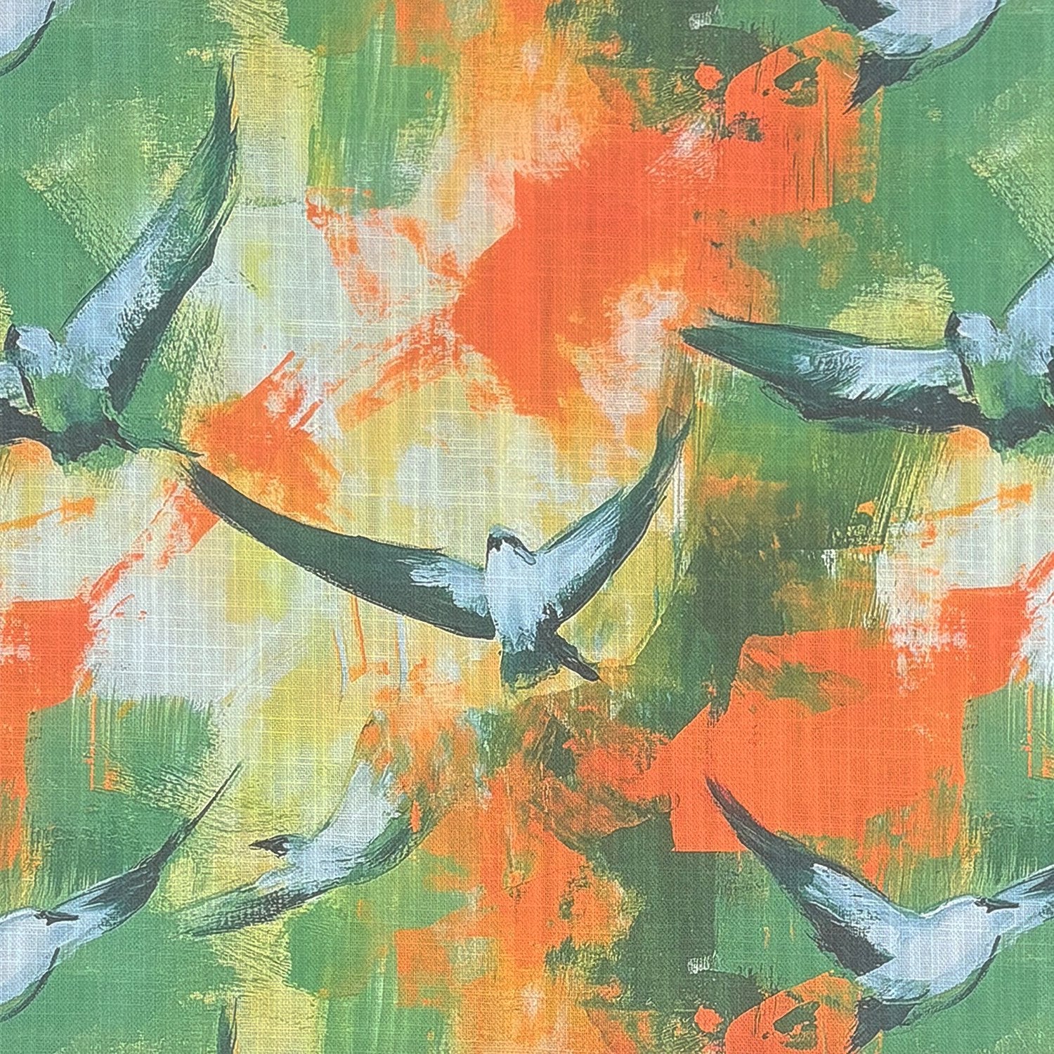 Expressionism No.9 flat fabric image – artistic bird design on green and orange background for upholstery use