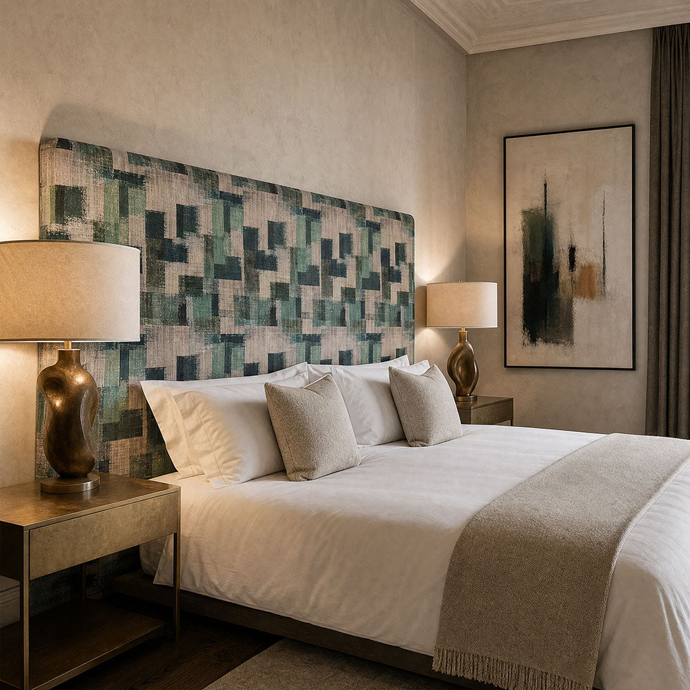Fauve No.12 teal and green abstract upholstery fabric on an upholstered headboard in a refined bedroom