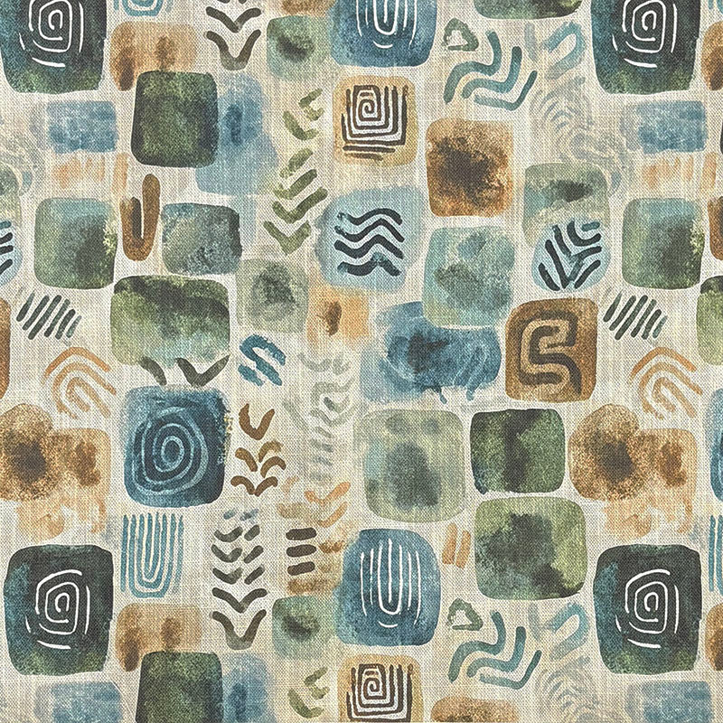 Fauve No.13 blue and green abstract upholstery fabric with playful hand-drawn symbols, ochre blocks and painterly marks