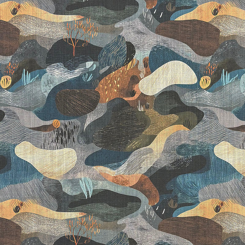Fauve No.14 multicoloured abstract upholstery fabric with deep teal, slate, ochre, rust and cream expressive painterly forms