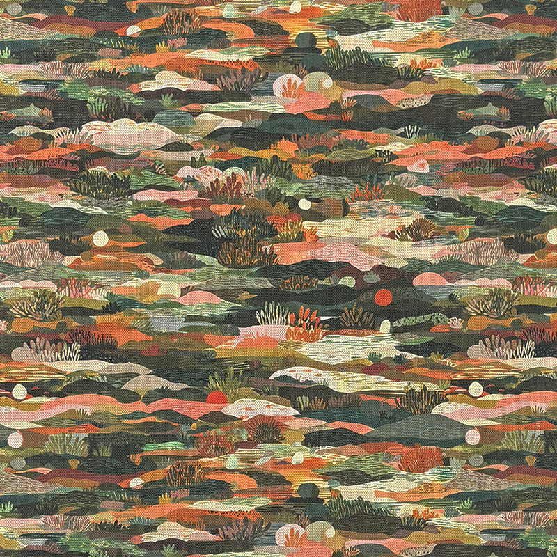 Fauve No.16 multicoloured abstract upholstery fabric with deep green, rust orange and coral painterly landscape marks