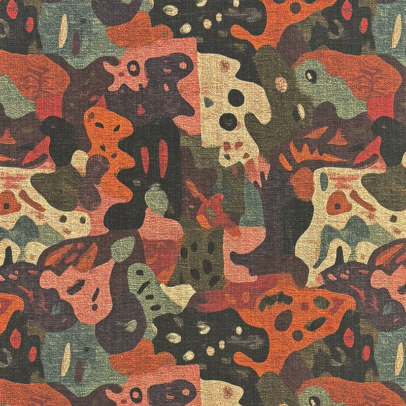 Fauve No.17 bold multicoloured abstract upholstery fabric with rust orange, olive green and warm neutral graphic forms